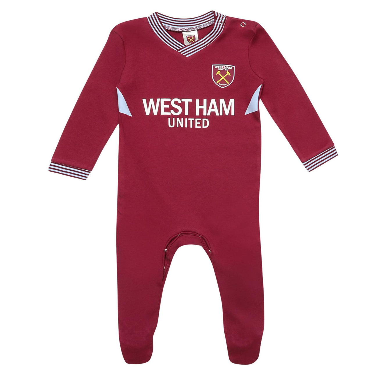 Claret baby onesie with 'West Ham United' text on a white background. Official West Ham Baby Sleepsuit