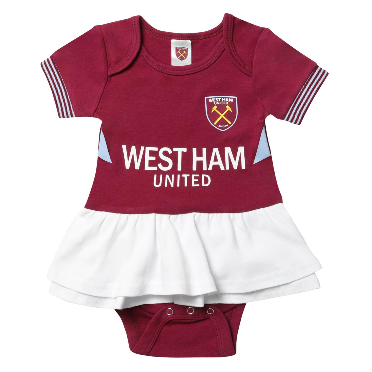 West Ham United baby girl's outfit with claret bodysuit and white double ruffle attached skirt