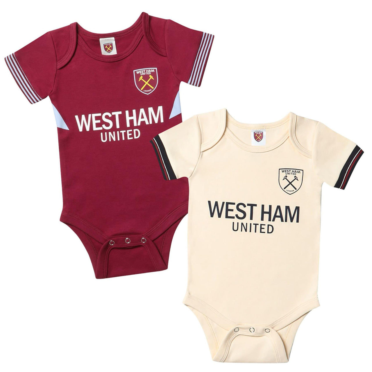 Two West Ham United baby bodysuits, one claret and one ecru, on a white background.