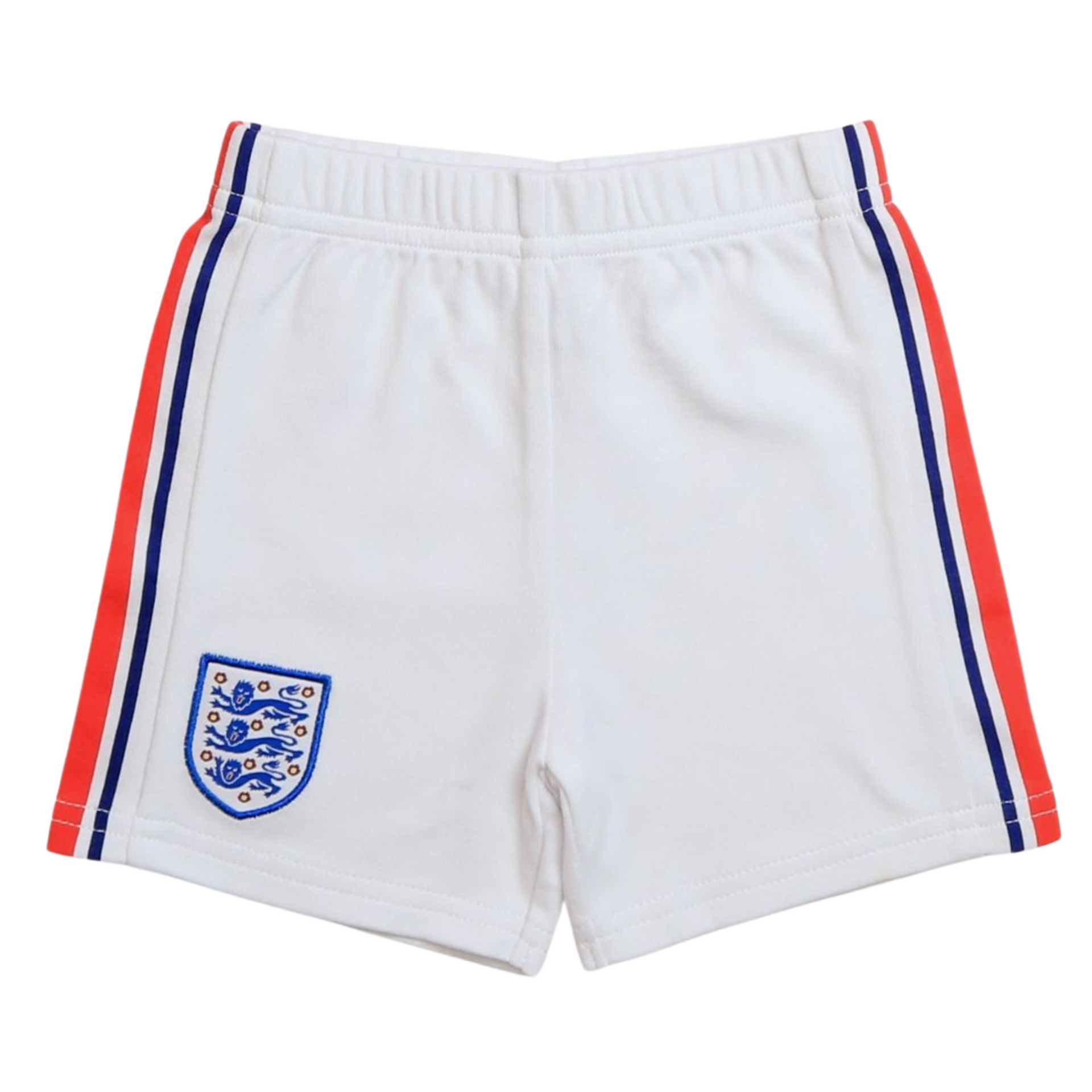 White England retro footbal shorts with red and blue stripes on a white background