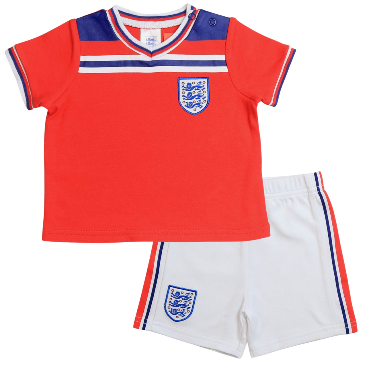 England retro football kit from 1982 with red shirt and white shorts featuring the three lions logo