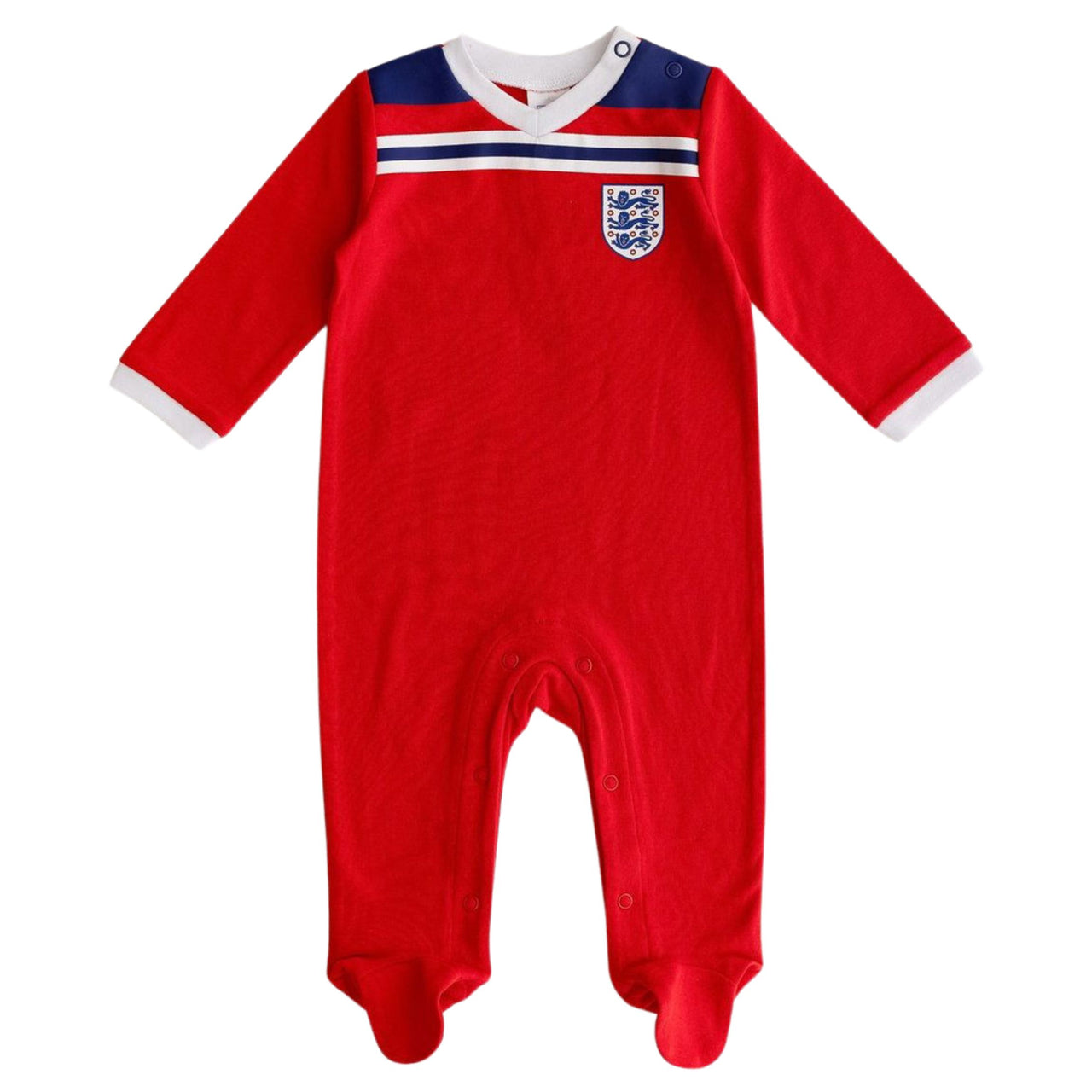 A red baby sleepsuit with England football team's 1982 World Cup away shirt design, including a Three Lions badge on the chest.