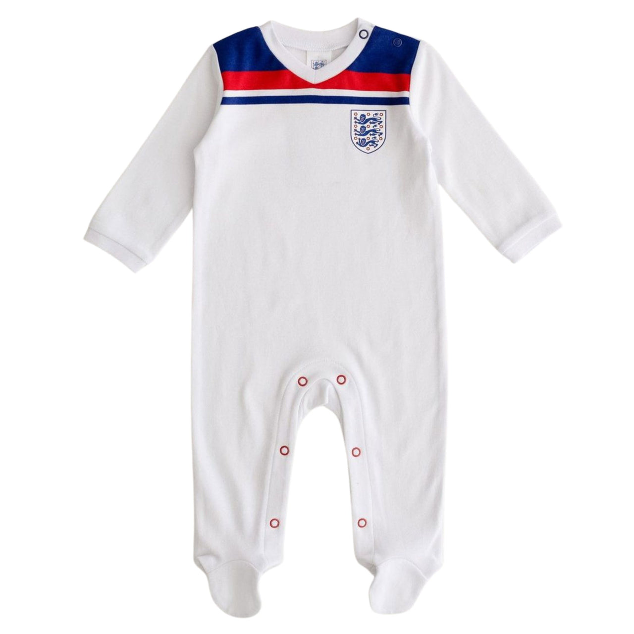 A white England baby sleepsuit with red and blue details, featuring the England national football team's 1982 World Cup kit styling, and a three lions badge.