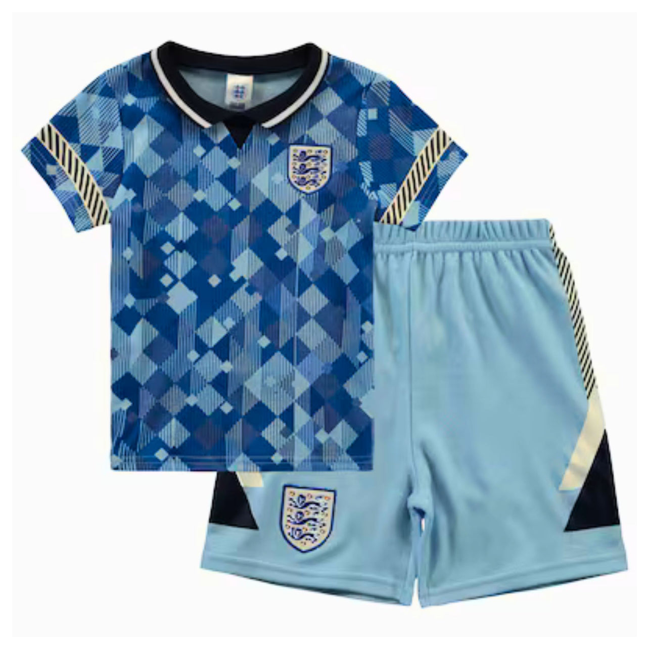 A baby England Football retro 1990 T-shirt and shorts set in navy and white, featuring a geometric pattern on the T-shirt and a 3 lions badge on the shorts, indicative of the England football team's kit.