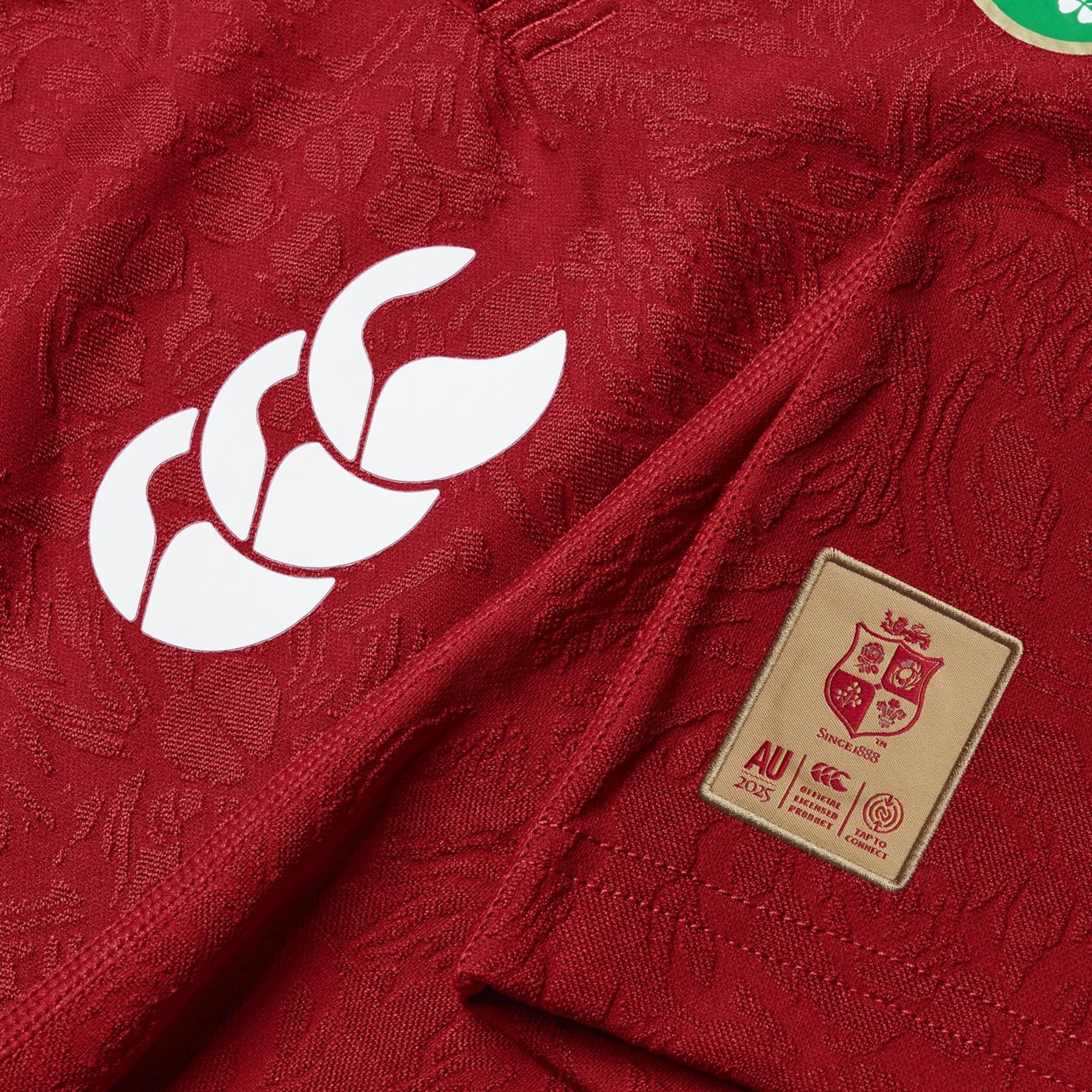 A photo showing the Canterbury logo and official tour woven patch on the new official British & Irish Lions jersey shirt. Junior sized
