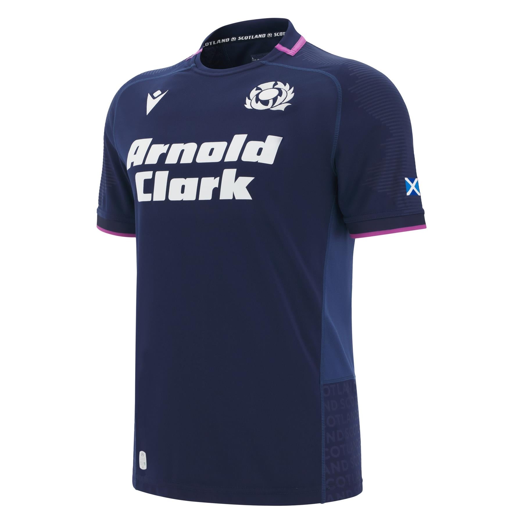 Scotland Rugby Jersey. Navy blue sports jersey with 'Arnold Clark' branding on a white background